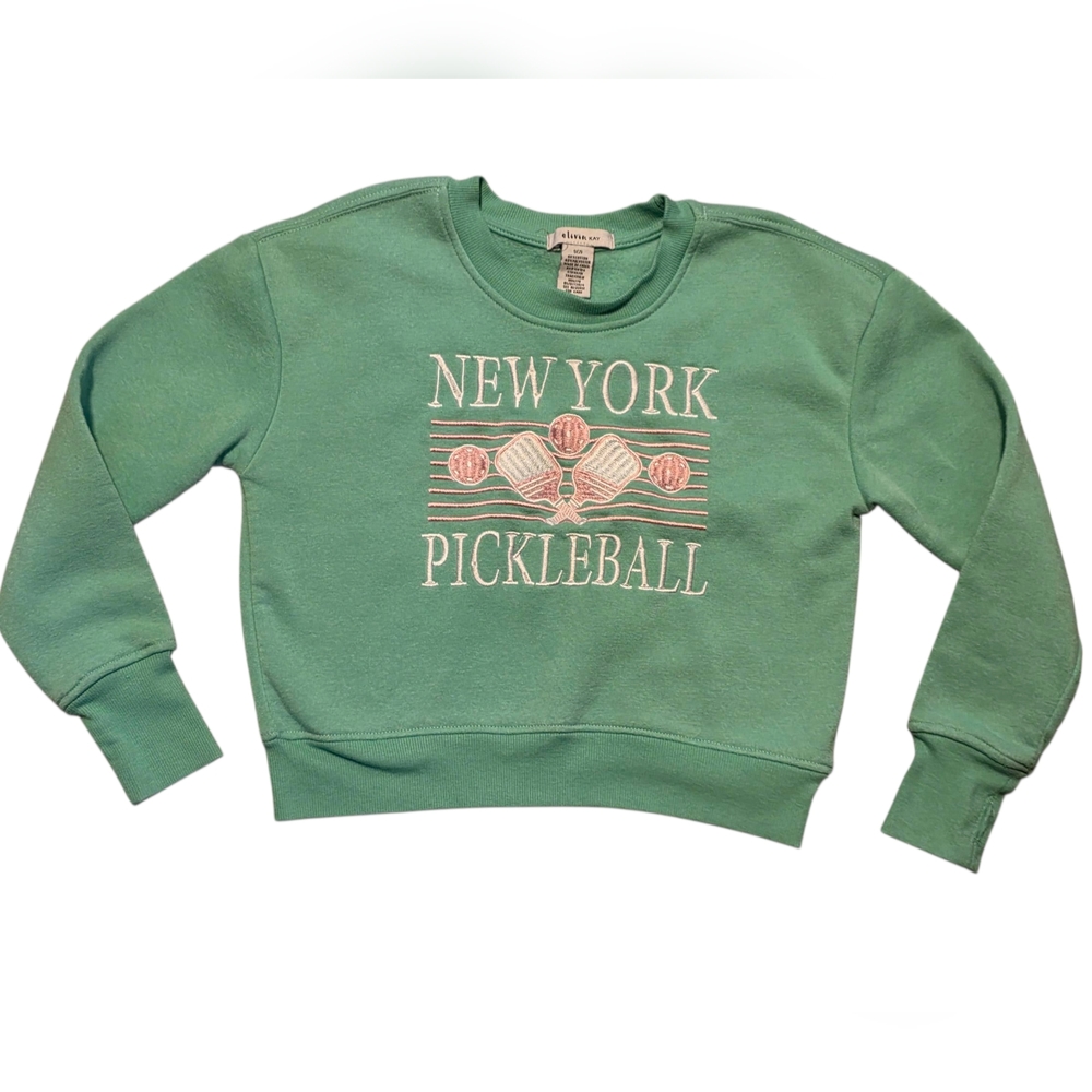 Olivia Kay Green Crew-Neck Sweatshirt with Graphic Design
